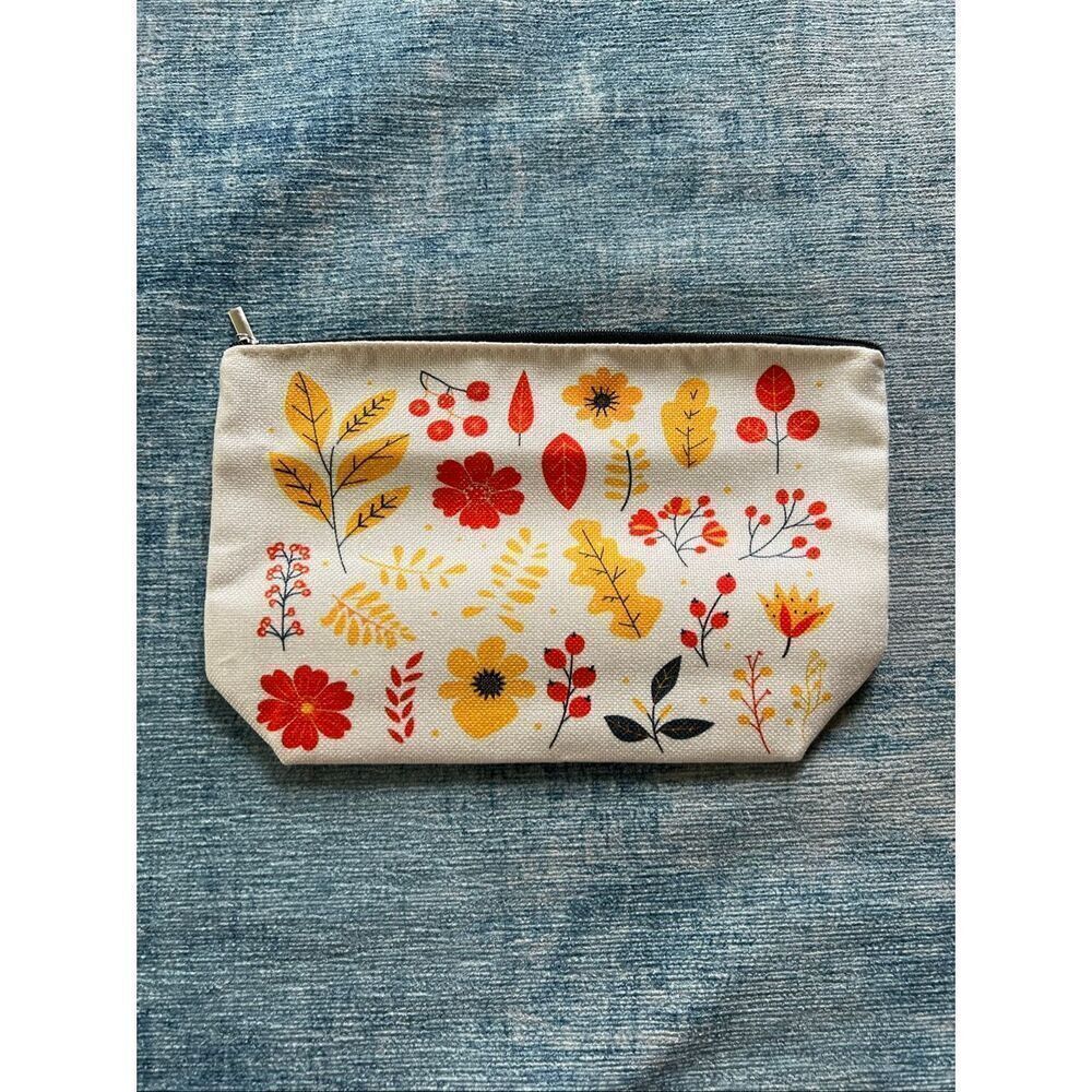 Cream Red Orange Leaf Cotton Canvas Small Makeup Bag Travel Toiletry Pouch